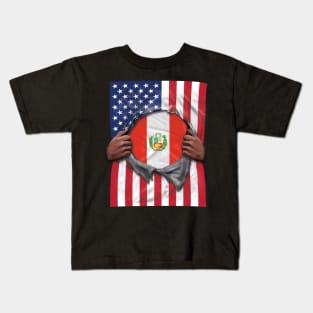 Peru Flag American Flag Ripped - Gift for Peruvian From Peru Kids T-Shirt